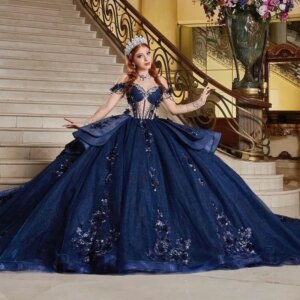 Navy Blue Shiny Quinceanera Dresses Off The Shoulder Applique Beads Tull Party Birthday Ball Gown Sweet 16 Dress Vestidos 15 De