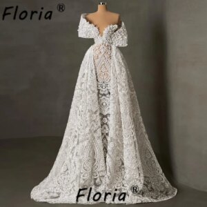 Vestido De Noiva Elegant Pearls Crystal Mermaid Wedding Dress 2024 High End Off Shoulder Overskirt Bridal Gown African Woman