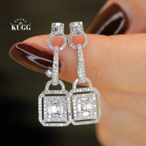 KUGG 100% 18K White Gold Earrings Fashion Square Shape 0.80carat Real Natural Diamond Drop Earrings for Women High Party Jewelry
