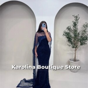 Luxury Royal Blue Bead Tassel Strapless Arabic Evening Dress Crystal Illusion Cape Pink Wedding Dress For Saudi 2025 Customized