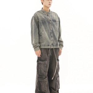 American Retro Distressed Smoky Gray Multi-Pocket Workwear Wide Leg Mopping Jeans