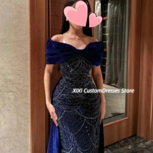 Customized Luxury Evening Dresses Column Off-The-Shoulder Neckline Floor-Length Zipper Up Beadings Short Sleeves Lining Elegant