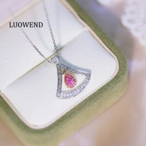 LUOWEND 100% 18K White Gold Necklace Fashion INS Style Real Natural Pink Diamond Pendant Necklace for Women High Wedding Jewelry