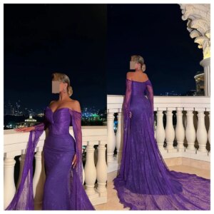 Customized Exquisite Purple Lace Evening Dress Boat Neck Off the Shoulder Long Sleeves Special Occasion Gowns Homecoming Dress