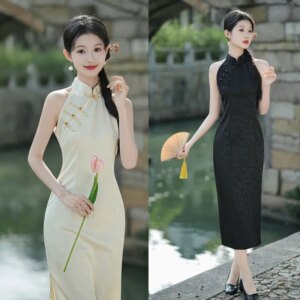 Fashion Improvement New Chinese Style Long off-Shoulder Halter Cheongsam Qi Pao Summer Girl’s Casual Dress