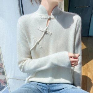Autumn and Winter New 100% Merino Wool Women’s Cashmere Sweater Semi High Neck Pullover Fashion New Chinese Warm Bottom Knit