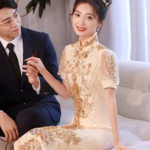 Yourqipao Cheongsam Evening Dresses Chinese Wedding Toast Clothing Bride 2023 New Engagement Bridal Gowns For Plus Size Women
