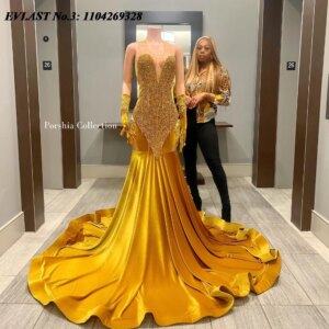 EVLAST Customized Sparkly Gold Velvet Mermaid Prom Dress For Black Girl Crystal Diamond Beaded African Formal Party Gown E3P21