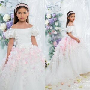 White Flower Girl Dresses For Wedding Customized Pink Floral Princess Girl’s Birthday Gowns First Communion Dresses