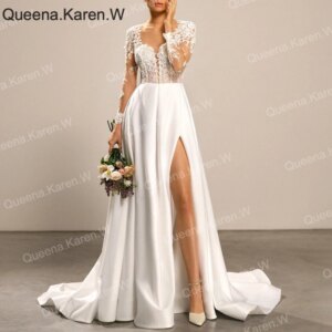 Elegant Wedding Dress long sleeve square neck lace satin bride dress robe de mariee A line Wedding Bridal Gown