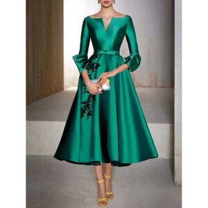 Elegant Champagne Green Mother of the Bride Dresses Three Quarter Sleeves A-Line Tea Length Black Appliques Evening Party Gowns