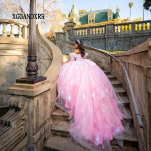 In Fashion Pink Mexican Quinceanera Dress 2024 Ball Gown Lace Sweet 16 Dress Birthday Party Gown Appliques Vestido De XV Anos