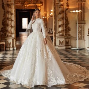 Elegant Long Sleeve Wedding Dress Romantic Round Neck Bridal Gown Romantic A-Line Floor Length Gowns Vestidos De Novia