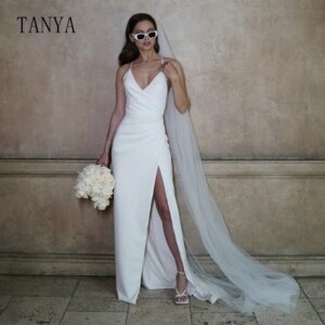 Sexy Deep V Neck Wedding Dress Backless Sleeveless High Side Split Soft Satin Bridal Party Dress Sweep Train Sheath Bridal Gown