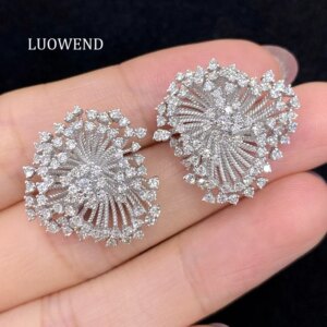 LUOWEND 100% 18K White Gold Earrings Luxury Shiny Design 1.56carat Real Natural Diamond Stud Earrings for Women Senior Banquet