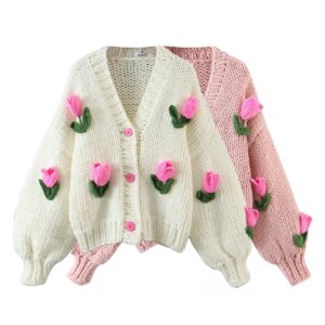 2 colorway cute design floral pattern v neck single breasted women oversized jumper cardigan sweater jersey