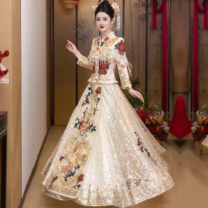Embroidered Peony Champagne Cheongsam Spring/summer New Engagement Cheongsam Chinese Wedding Dress Qipao Toasting Dress