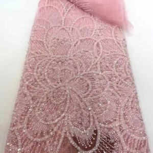 Pink African Lace Fabric Sequin Lace Fabric High Quality 2025 Beaded Wedding Beaded Lace For Wedding Party Dress