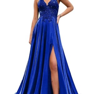 Spaghetti Strap Sequin Applique Prom Dresses with Slit A-Line Long Satin Sparkly Formal Evening Party Gowns party dress
