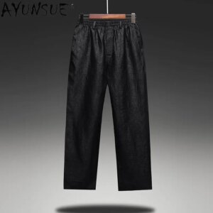 100% Mulberry Real Silk Trousers for Men Casual Men’s Clothing Elastic Waist Pants High Waist Straight Trousers Men Pantalones