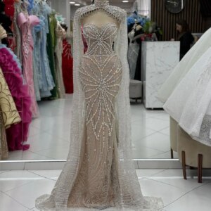 Special Design Dubai Pearls Crystal Formal Evening Dress Customized Cape Sleeve Mermaid Prom Party Gown Robe de soiree Wedding