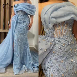 Gorgeous Pearls Beaded Dubai Mermaid Evening Dresses with Side Train Blue Crystal vestidos de ocasión formales robe de soirée