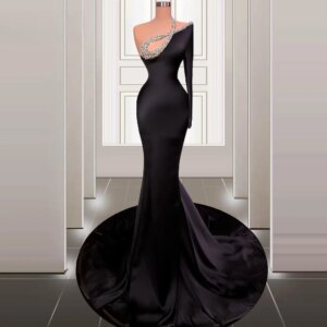 Customized Prom Dresses Mermaid Long Sleeves Satin Bead Prom Gown Saudi Arabia Dubai Black Girls Evening Dresses Robe De Soiree