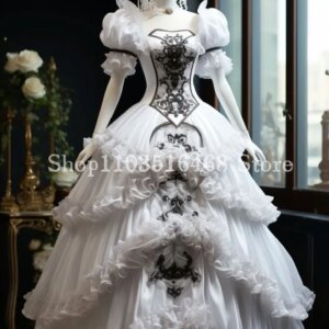 Vintage Black and White Prom Dress Dreamy Embroidered Lace Ruffle Princess Bubble Sleeve For Renaissance Festival Customised