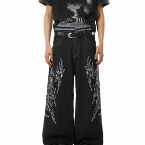 Niche Design Street Totem Embroidery Loose Wide Leg Jeans American Retro Trousers Men