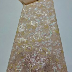 Gold Beaded Lace Fabric 2024 High Quality Nigerian Tulle Lace Fabric Sequins Beaded Lace Fabric for Wedding Party Dress Drq81-1