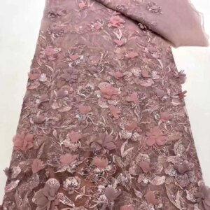 Latest 3D Flower Embroidery Beads Sequins African Lace Fabric 5 yards High Quality Nigerian Women Wedding French Material 2025