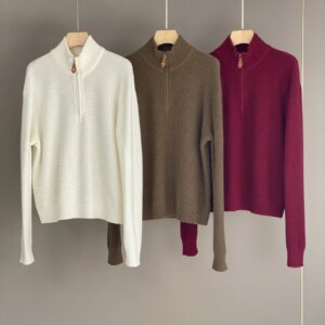 Solid Color Women’s Cashmere Sweater Autumn Half Zipper Turtleneck Long Sleeve Casual Ladies Knitted Pullover