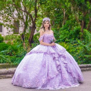 Customized Shiny Lavender Purple Off Shoulder Quinceanera Dress applique 3D flower Tull crystal ruffle vestidos de 15 Quinceaner