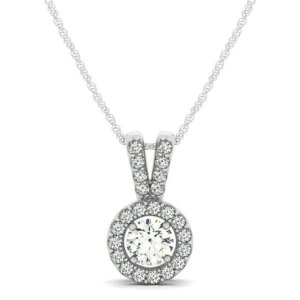 Round Pendant with Split Bail and Diamond Halo in 14k White Gold 3 4 cttw
