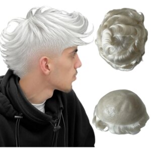 Malaysian Virgin Human Hair Hairpieces 60# Platinum Blonde Color White Human Hair Skin Toupee 8×10 Knots PU Units for European M