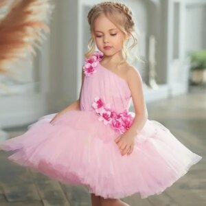 Custom Pink Tulle Puffy With 3D Flowers Single Shoulder For Wedding Birthday Party Banquet Princess Gowns Flower Girl Dresses