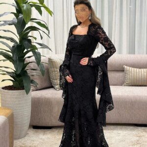 Elegant Mermaid Long Sleeves Prom Dresses Pleated Lace Floor Length Party Dresses Evening Dresses