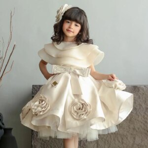 Jill Wish Elegant Beige Girl Dresses Handmade Flowers with Headgear for Kids Wedding Birthday Holiday Party Gown 2025 J104