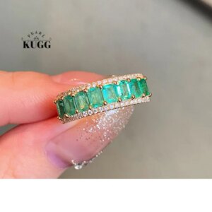 KUGG 100% 18K Yellow Gold Rings Luxury Shiny Design Shiny Diamond Natural Emerald Engagement Ring for Women High Party Jewelry