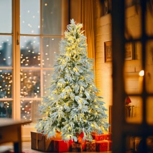 6FT PreLit Spruce Snow Flocked Christmas Tree Artificial Hinged Xmas Tree with 300 MultiColor LED Lights 8 Flashing Modes 790 S