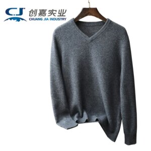 Autumn and Winter Men 100% Cashmere T-shirt Long Sleeve V-neck Pullover Grey Wool Simple Classic Top Youth Light Luxury Comfort