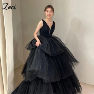Zoci Elegant V Neck Black Korea Wedding Dresses Pleats Tiered Tulle A Line Customized Photo Shoot Dress Bride Reception Dress