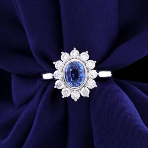 Provence 10K/14K gold oval shaped lab sapphire rings for women classic cornflower blue flower halo wedding ring Anniversary Gift