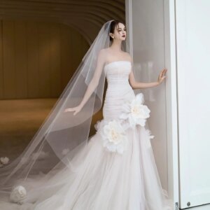 Customized Delicate Strapless Organza Flowers Evening Dresses Elegant A-Line Floor Length Celebrity Gowns Vestido De Noche