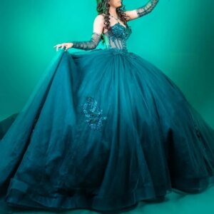 Blackish Green Shiny Quinceanera Dresses Off Shoulder Ball Gown Sweet 16 Dress Beads Appliques Lace Bow Birthday Party Gowns