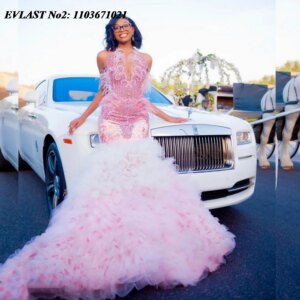 EVLAST Customized Luxury Pink Ruffles Mermaid Prom Dress Crystal Beading Evening Party Gown Black Girl Robes De Soirée E2P424