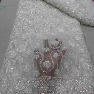 (5yards/pc) High quality African party tulle lace with tube beads sequins embroidered French net lace for dress