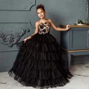 Black Flower Girl Dresses for Wedding Lace Appliques Layered Sleeveless Girl Kids Birthday Ball Gown First Holy Communion Gowns