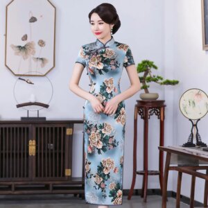 Spring and Summer New High Quality Real Silk Printed plus Size Improved Cheongsam Qipao Women’s Dress