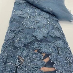 Nigerian 3D Flora With Pearls Off White Color African Fabric Lace High Quality 2025 Blue Beaded Lace Fabric For Sewing KB4528